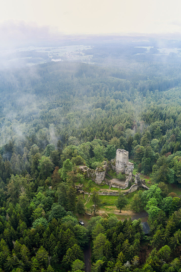 Aerial view of the Weissenstein ruin in the Steinwald, Waldershof, Tirschenreuth, Upper Palatinate, Bavaria, Germany, Europe