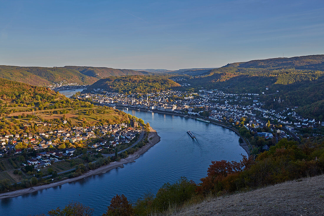 Blick vom Gedeonseck auf Boppard, Sonnenuntergang, Rhein, Mittelrhein, Unesco-Welterbe Oberes Mittelrheintal, Rheinland-Pfalz, Deutschland, Europa 