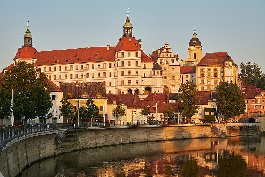 Castle and castle church in Neuburg an der Donau, sunrise, Bavaria, Germany, Europe