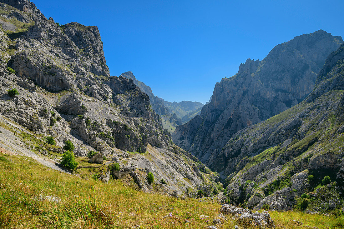 Felstürme begrenzen die Schlucht Ruta del Cares, Caresschlucht, Nationalpark Picos de Europa, Kantabrisches Gebirge, Asturien, Spanien