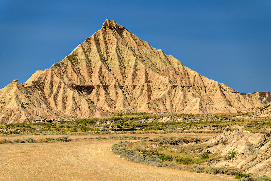 Ocher colored cone of erosion, Bardenas Reales, Bardenas Reales Natural Park, UNESCO Bardenas Reales Biosphere Reserve, Navarra, Spain