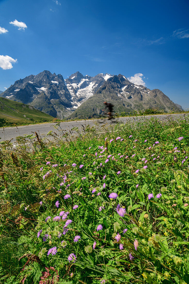 Radfahrer unscharf in der Abfahrt am Col du Galibier, Meije im Hintergrund, Col du Galibier, Hautes-Alpes, Savoie, Frankreich