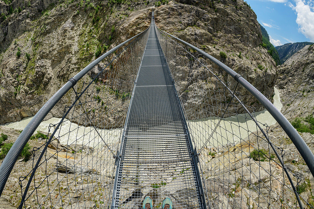 View from the Aletsch suspension bridge down to the glacier river, Aletsch suspension bridge, UNESCO World Natural Heritage Jungfrau-Aletsch, Bernese Alps, Switzerland