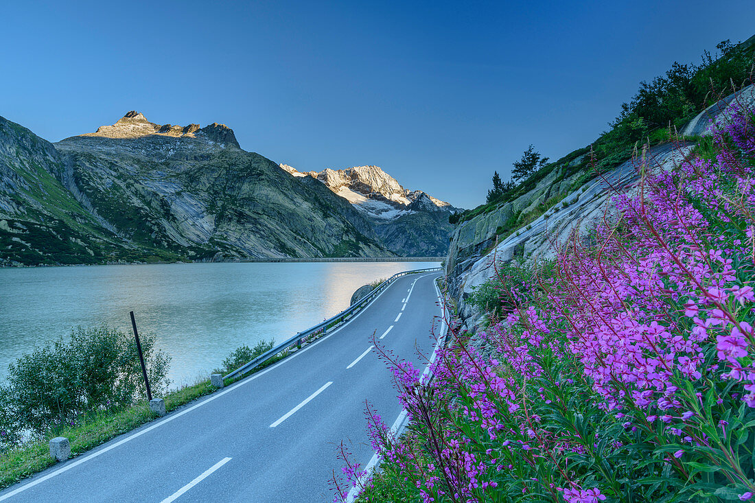 Grimselpassstraße mit Räterichsbodensee und Berner Alpen im Hintergrund, Grimselpass, UNESCO Weltnaturerbe Jungfrau-Aletsch, Berner Alpen, Schweiz