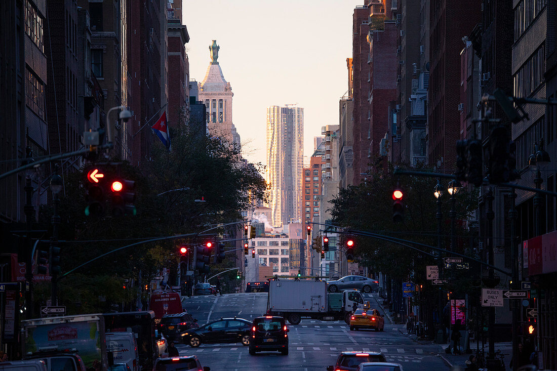 A long street in Manhattan, New York, USA