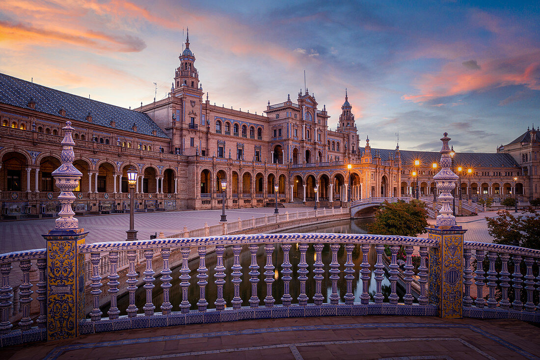 Sunrise in Plaza de Espana, Seville, Andalusia, Spain