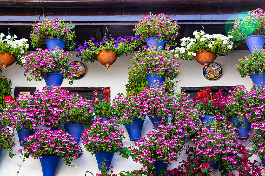 Innenraum einer Terrasse in der Stadt Cordoba, Andalusien, Spanien.