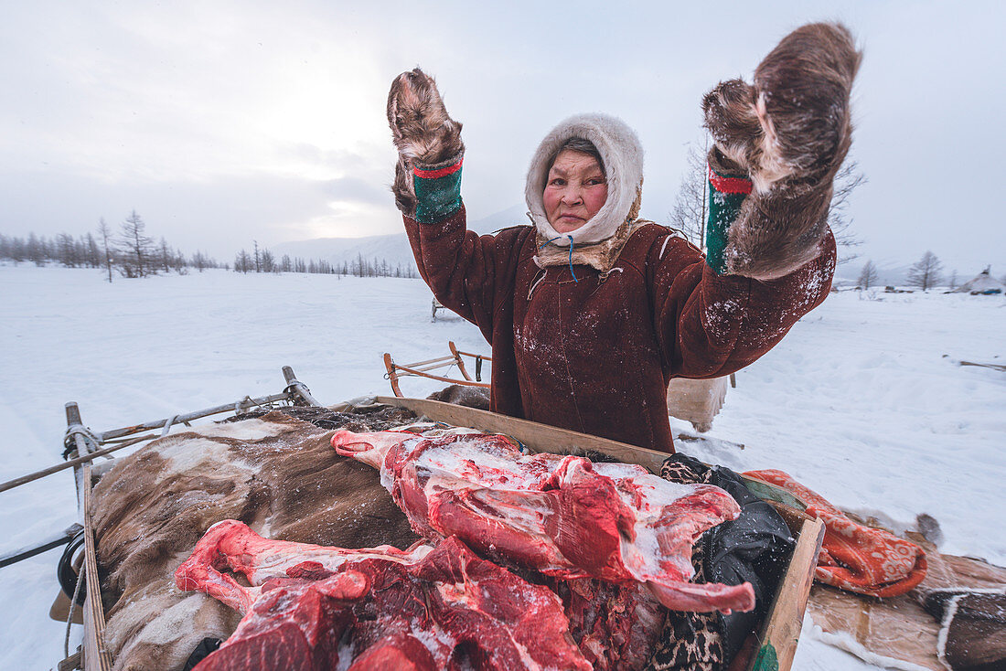 Die traditionelle Art des täglichen Lebens im nomadischen Rentierhirtenlager. Polar Ural, Yamalo-Nenets autonomer Okrug, Sibirien, Russland