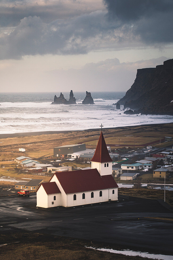 Vik church and cliffs. Vik, Southern Iceland.