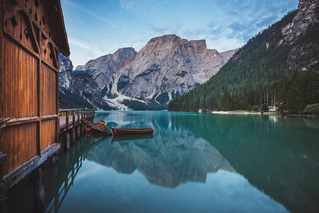 Braies Lake at sunrise. Fanes Sennes Braies Natural Park, South Tyrol, Italy