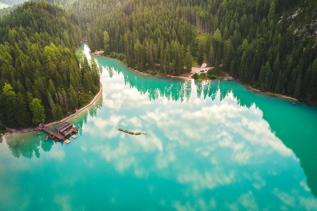 Aerial view of Braies Lake at sunrise. Fanes Sennes Braies Natural Park, South Tyrol, Italy
