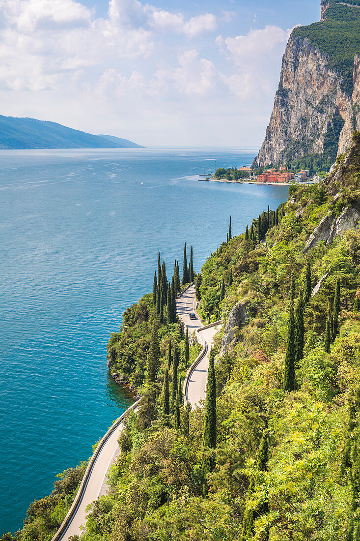 The SS45 road on Lake Garda coast. Tremosine, Lombardy, Italy.