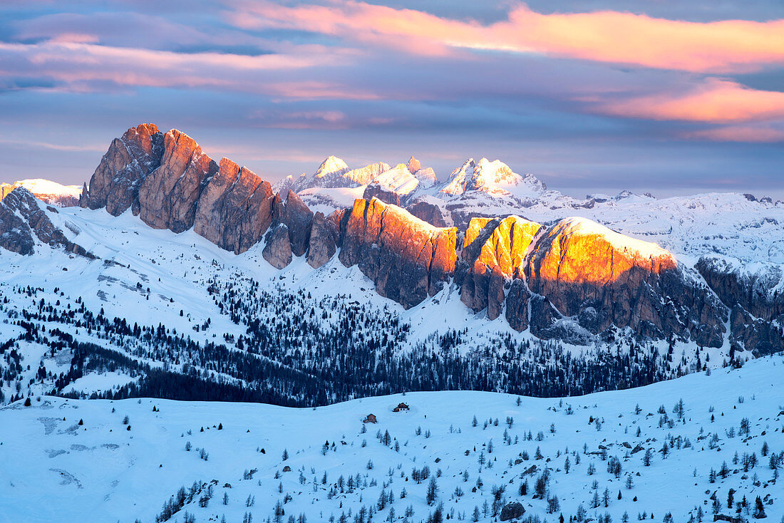 view of the Dolomites at sunrise. Europe, Italy, Veneto, Belluno province, Giau pass