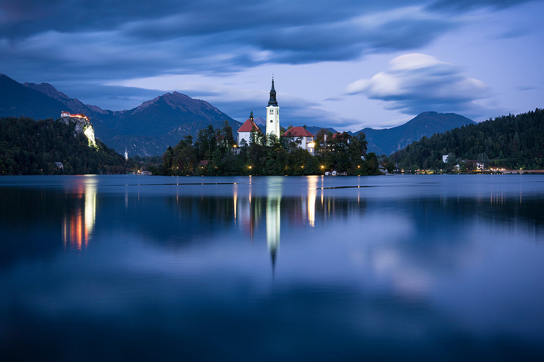 Bled Island with Church of the Assumption at dusk, Lake Bled, Upper Carniola, Slovenia