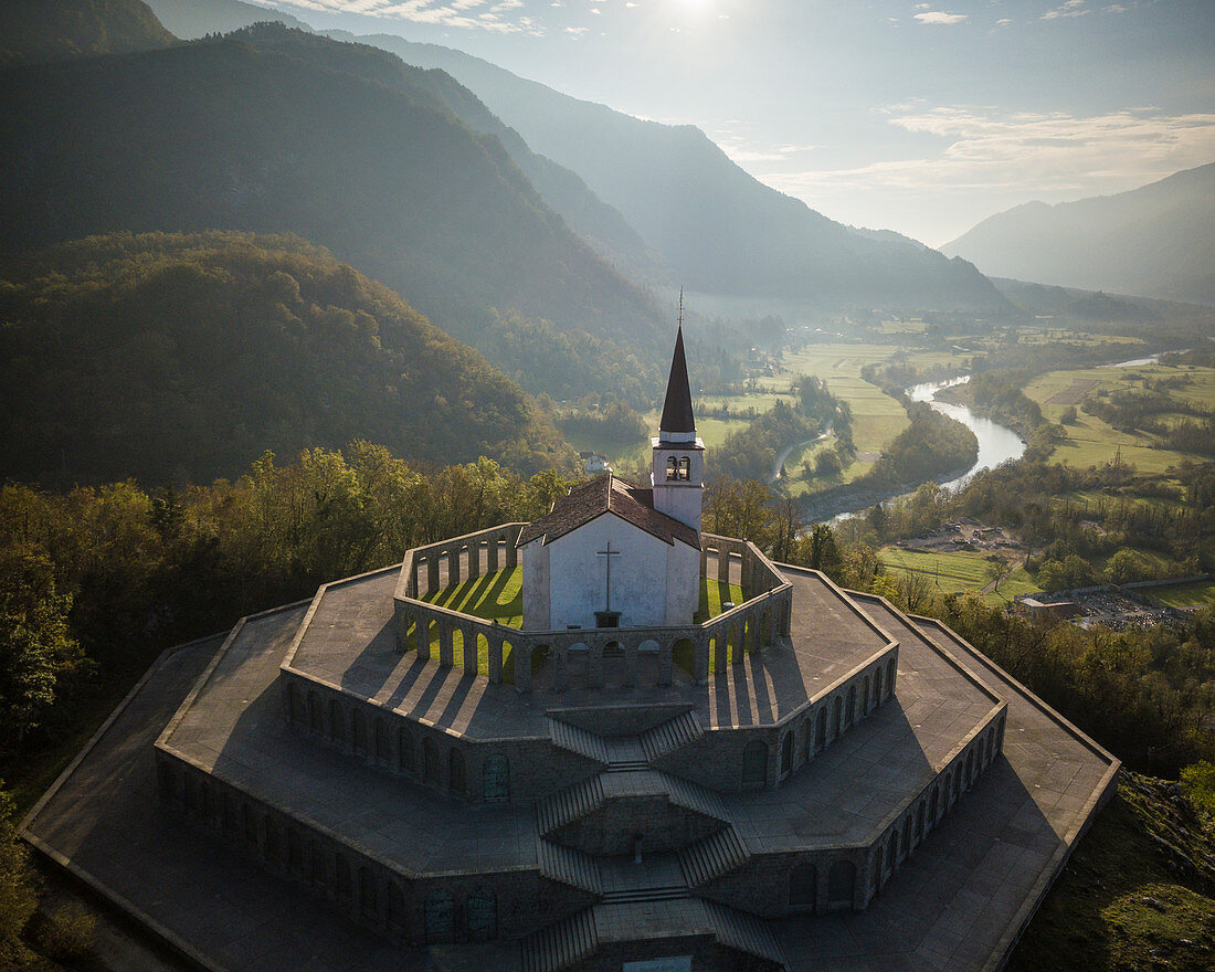 Aerial view of Saint Anthony's sanctuary (Caporetto memorial), Kobarid, Goriska, Slovenia