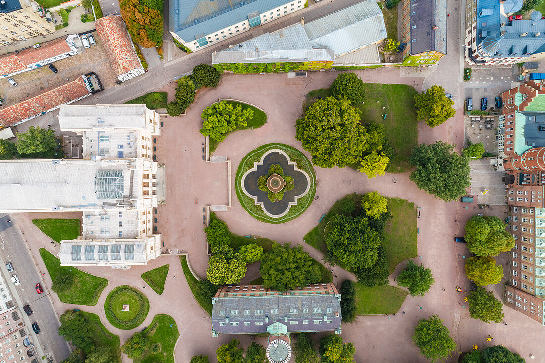 Birds eye view of Lund University near Malmoe and the courtyard and formal garden.