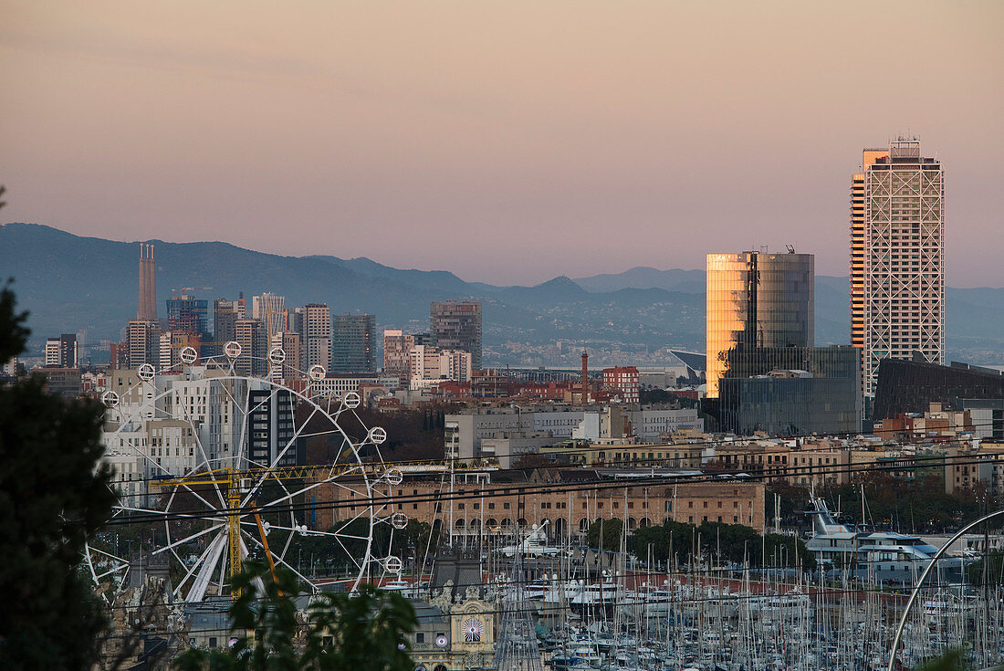 Cityscape of Barcelona at sunset, Catalonia, Spain.