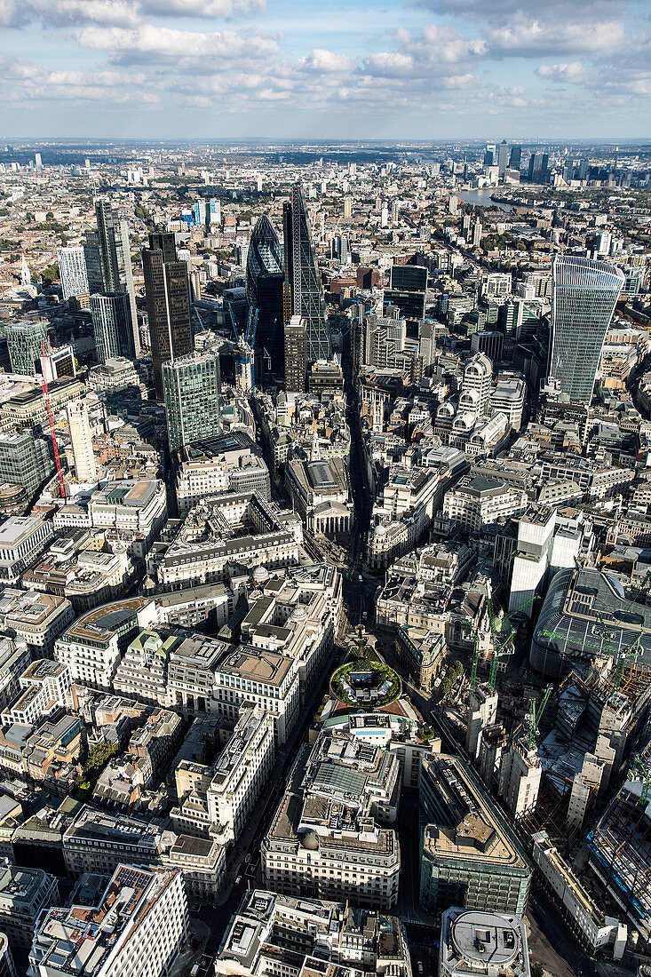 Aerial view of City of London. the Financial District and architectural landmarks of London