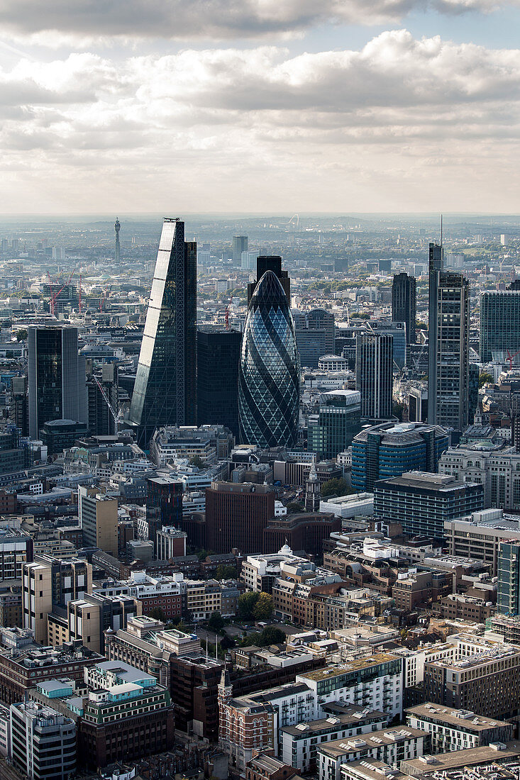 Aerial view of the Square Mile, the City of London financial centre, with architectural landmarks.