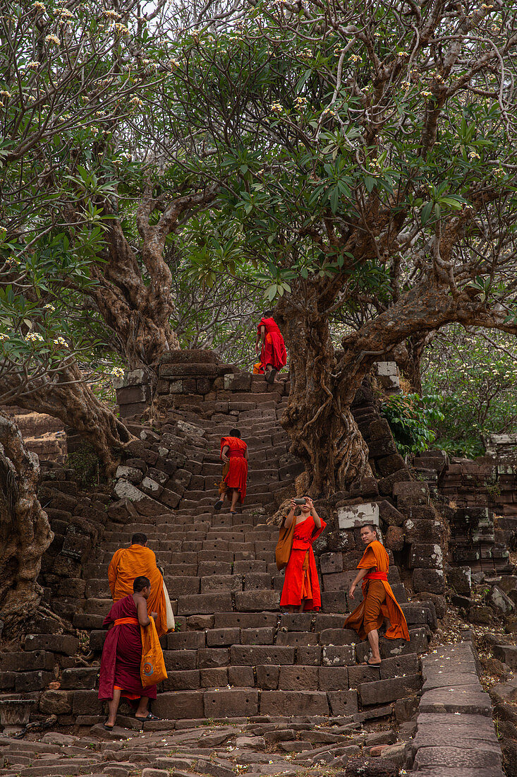 Mönche beim Vat Phou Tempel in Champasak, Laos, Asien