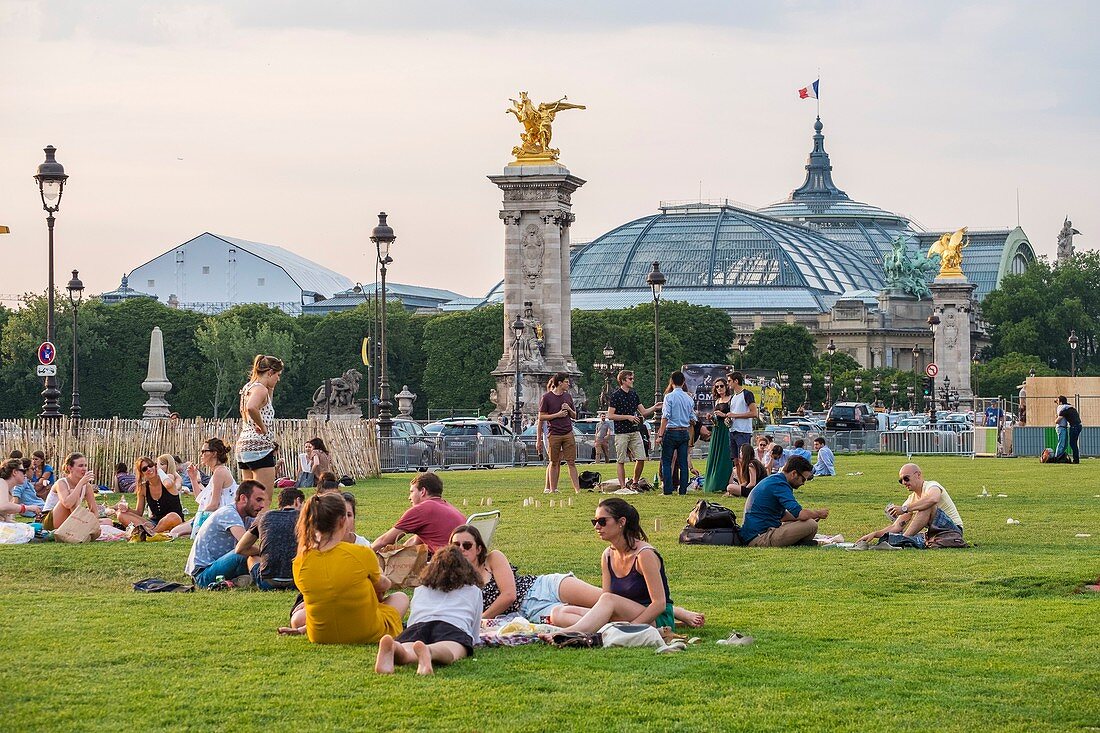 Frankreich, Paris, Esplanade des Invalides, Picknick an Sommerabenden und das Grand Palais im Hintergrund