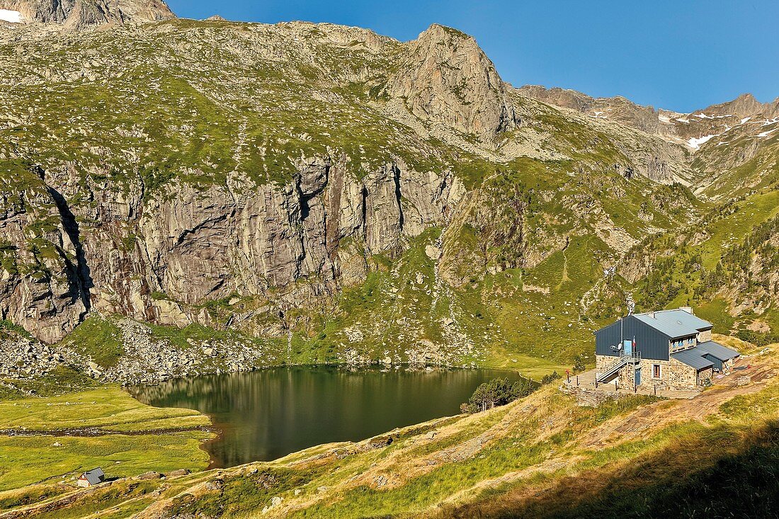 France, Haute Garonne, Comminges, Bagneres de Luchon, Refuge Espingo in its mountain setting