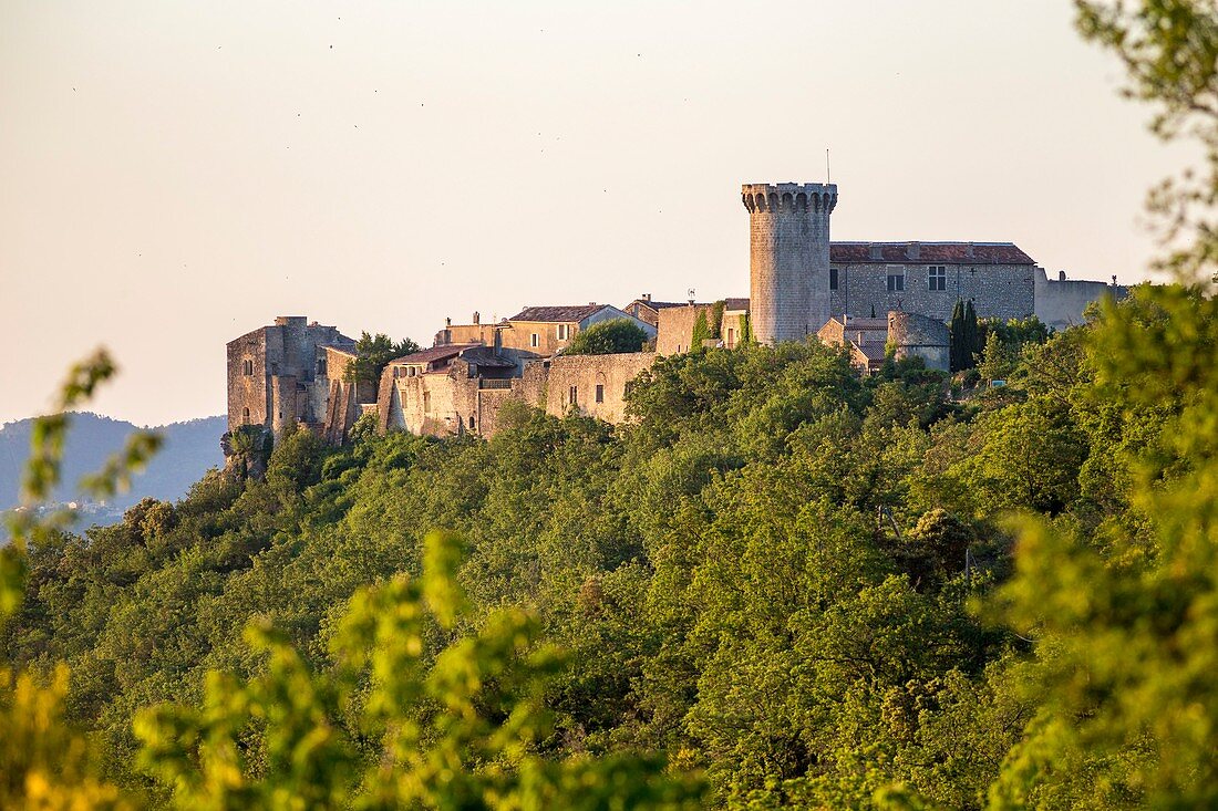Frankreich, Vaucluse, regionales Naturschutzgebiet von Luberon, Viens, das Dorf, die Stadtmauern, die Burg und der Turm von Pousterle aus dem 16. Jahrhundert