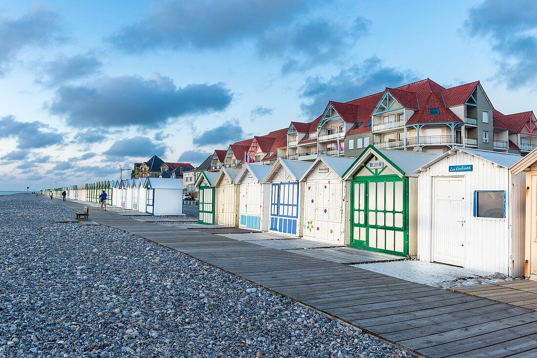 France, Somme, Cayeux-sur-Mer, the boardwalk lined with 400 colorful cabins and 2 km long