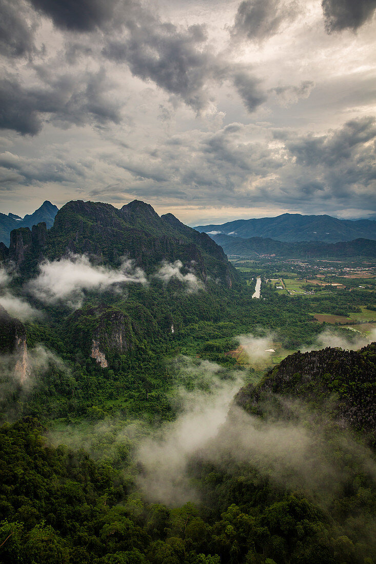 View of karst landscape from Vang Vieng, Laos, Asia