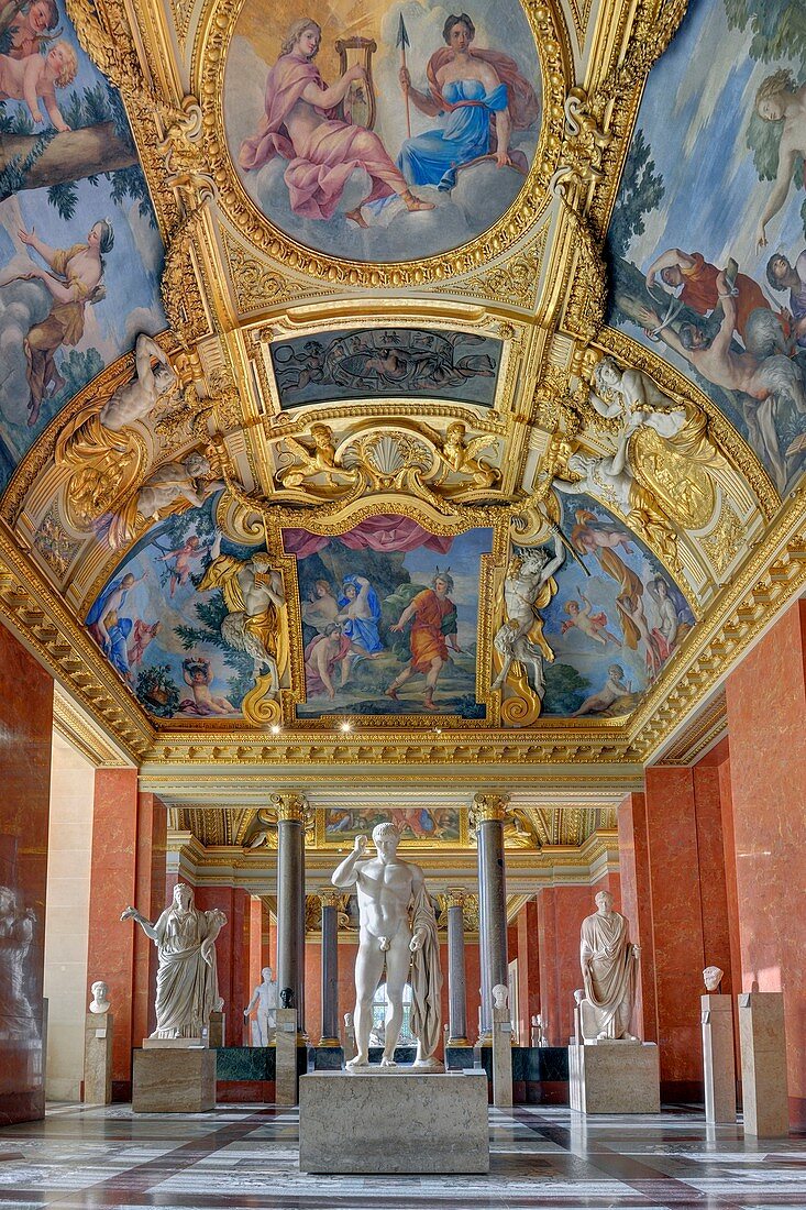 France, Paris, area listed as World Heritage by UNESCO, Louvre museum, roman antiquities department, summer apartment of Anna of Austria. Seasons Room. Paintings by Romanelli in 1658, with in the center Apollo and Diana