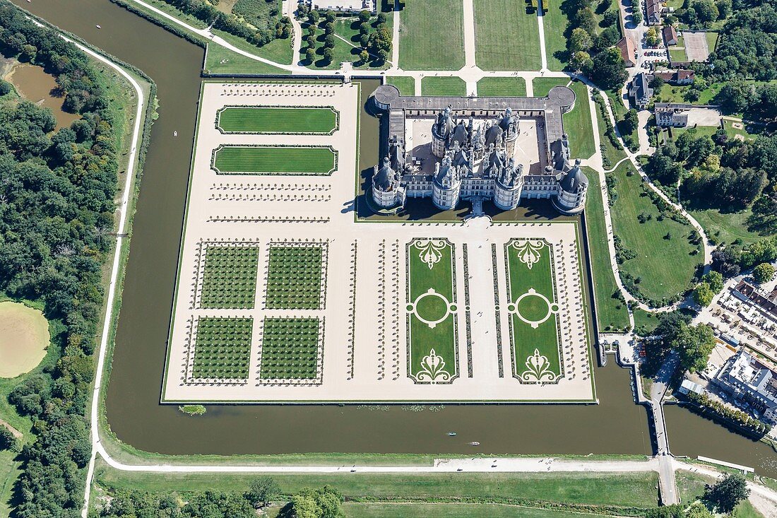 France, Loir et Cher, Loire valley listed as World Heritage by UNESCO, Chambord, the castle and the garden (aerial view)