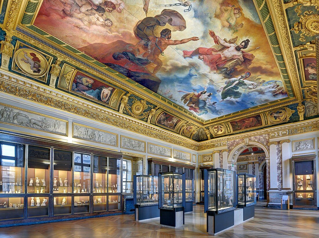 France, Paris, area listed as World Heritage by UNESCO, Louvre museum, Charles X museum, second room, painting by F.J. Heim between 1826 and 1827 the Vesuvius receiving from Jupiter the fire consuming Herculaneum, Pompei and Stabies. Room of greek figurines made of terra cotta.