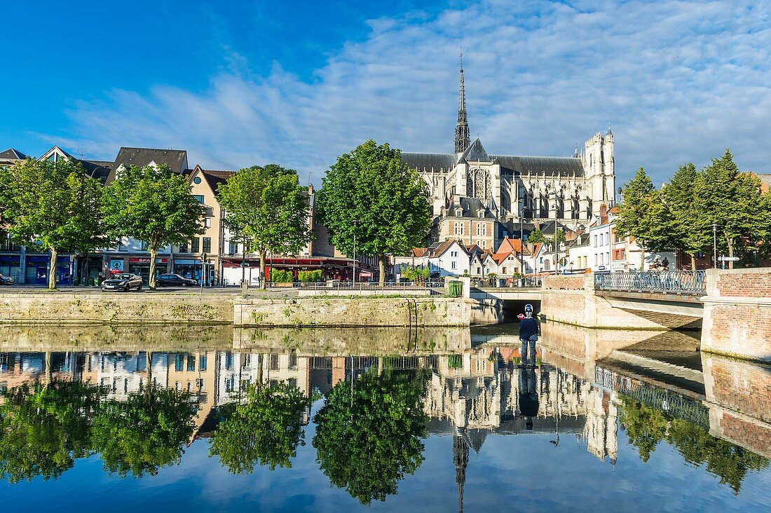France, Somme, Amiens, banks of Somme river and Notre-Dame cathedral, jewel of the Gothic art, listed as World Heritage by UNESCO