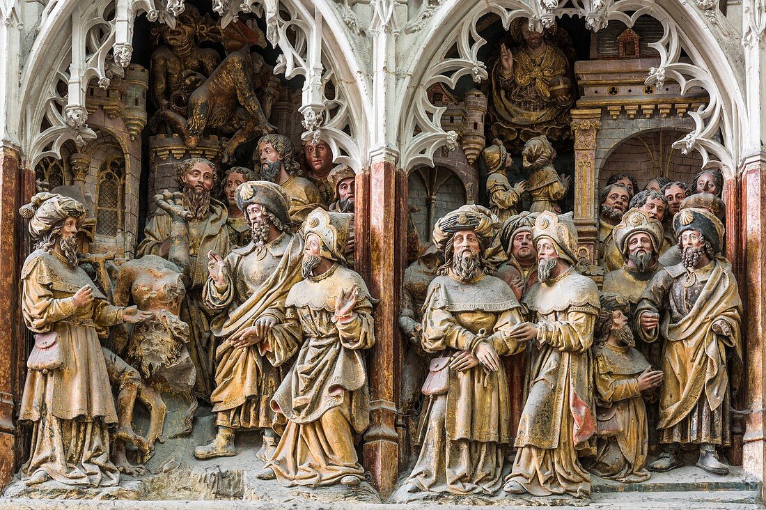 France, Somme, Amiens, Notre-Dame cathedral, jewel of the Gothic art, listed as World Heritage by UNESCO, the southern end of the choir and its high reliefs, story of Saint James the Greater and Hermogenous the magician (dated after 1511)