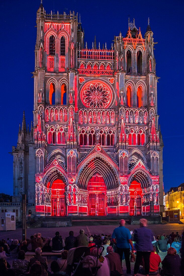 France, Somme, Amiens, Notre-Dame cathedral, jewel of the Gothic art, listed as World Heritage by UNESCO, sound and light show presenting the original polychromy of the facades