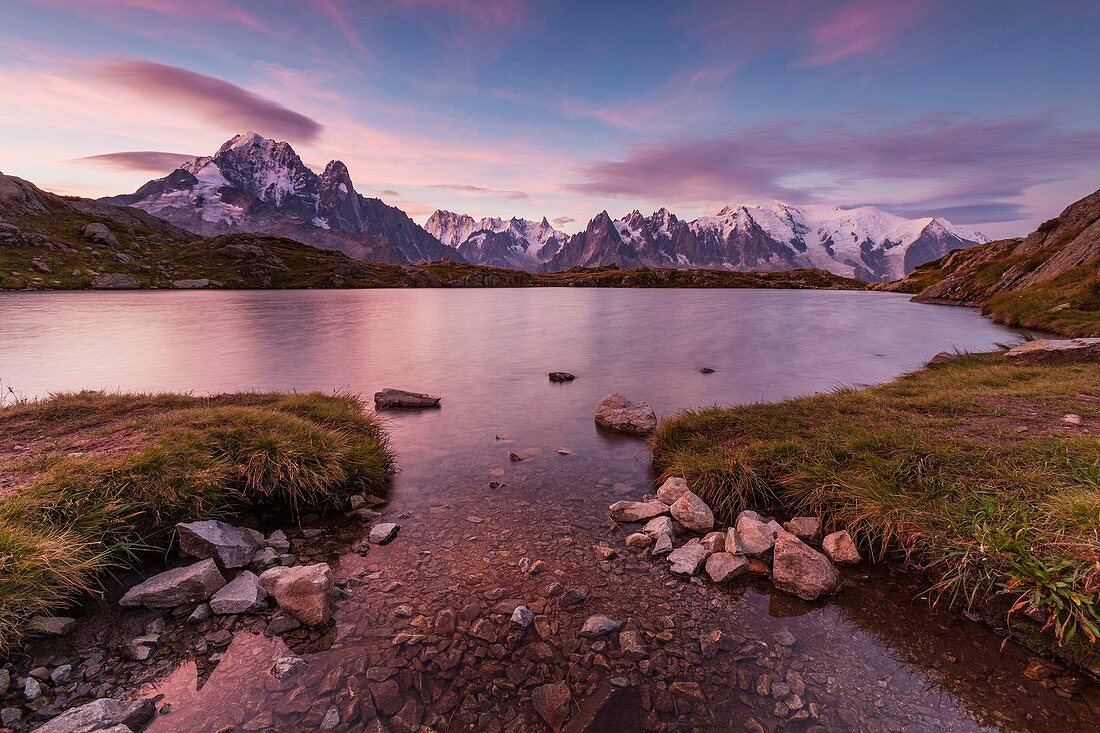 France, Haute Savoie, Chamonix Mont Blanc, Lake Cheserys in the Aiguilles Rouges National Nature Reserve with a view of the Aiguilles de Chamonix