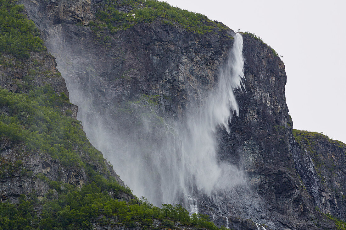 Kjelfossen waterfall near Gudvangen, disheveled by the wind, Sogn og Fjordane, Norway, Europe