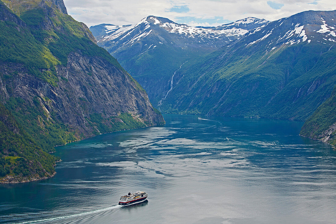 Hurtigruten - ship Midnatsol on the Geirangerfjorden near Ljöen, Moere og Romsdal, Norway, Europe