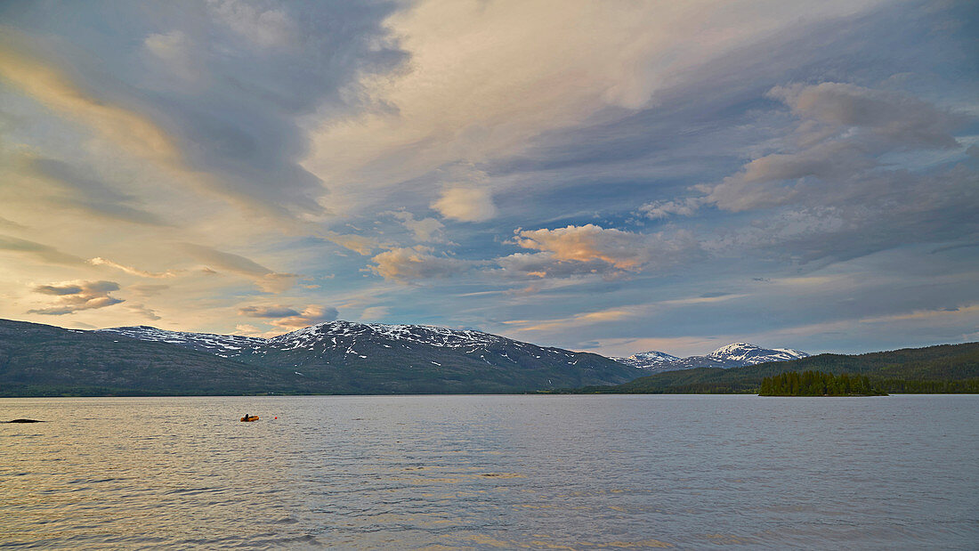 Morning light on Lake Fustvatnet near Mosjoen, Nordland, Norway, Europe