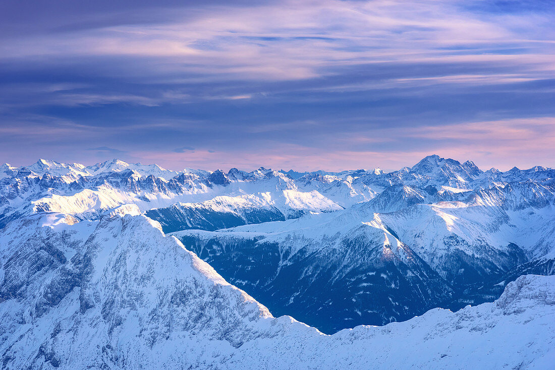 Sunset, blue hour, mountains, peaks, view, Zugspitze, Bavaria, Germany, Europe