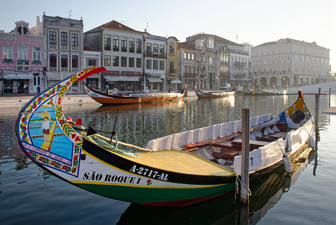 Colorful Moliceiros boats in Aveiro.