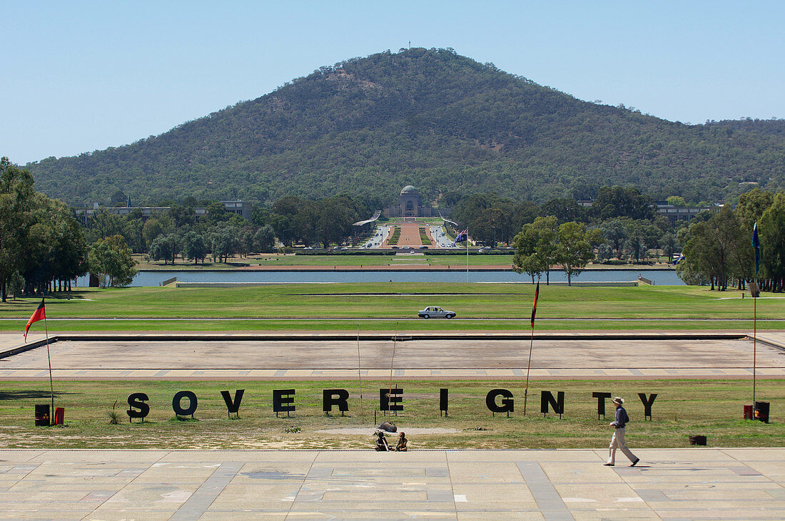 NBERRA - FEB 22 2019:Sovereignty sign at the Aboriginal Tent Embassy in Canberra Parliamentary Zone Australia Capital Territory. It represent the political rights of Aboriginal Australians.