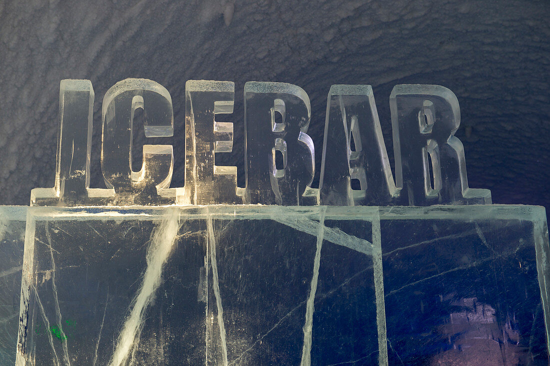The icebar sign at the ICEHOTEL 365 which was launched in 2016 and is a permanent structure offering year round the stay in the Icehotel in Jukkasjarvi near Kiruna in Swedish Lapland; northern Sweden.