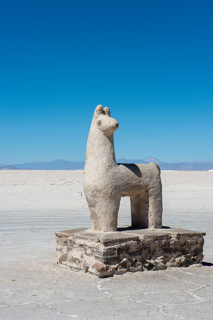 A llama statue carved out of salt at Salinas Grandes a salt pan in the Andes Mountains - is situated on an altitude of 3.450 meters on the border of the provinces of Salta and Jujuy, Argentina.
