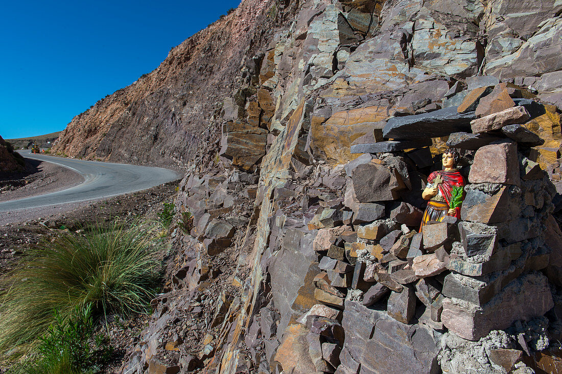 A shrine erected for protection of drivers along Highway 52 at Lipan Pass in the Andes Mountains near Purmamarca, Jujuy Province, Argentina.