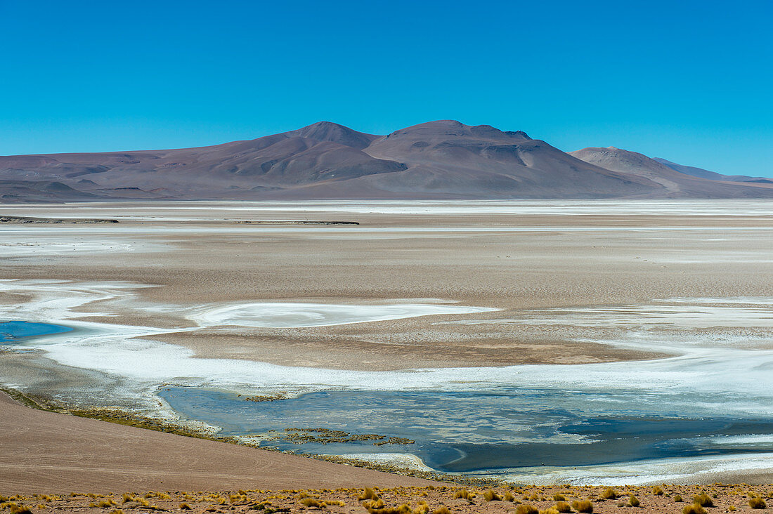Unfruchtbare Landschaft mit einer Salzlagune an der argentinisch / chilenischen Grenze am Jama-Pass in den Anden, Chile.