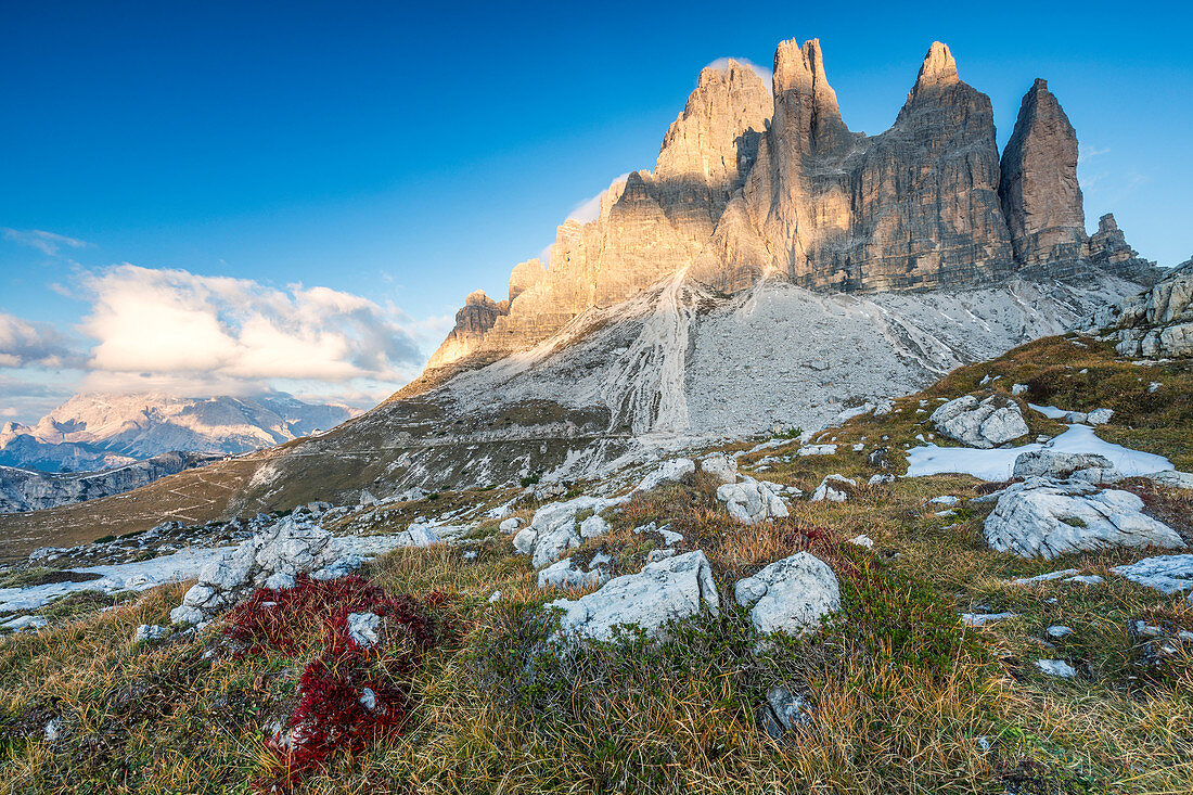 South side view of Tre Cime di Lavaredo, Dolomites, Auronzo di Cadore, Belluno, Veneto, Italy