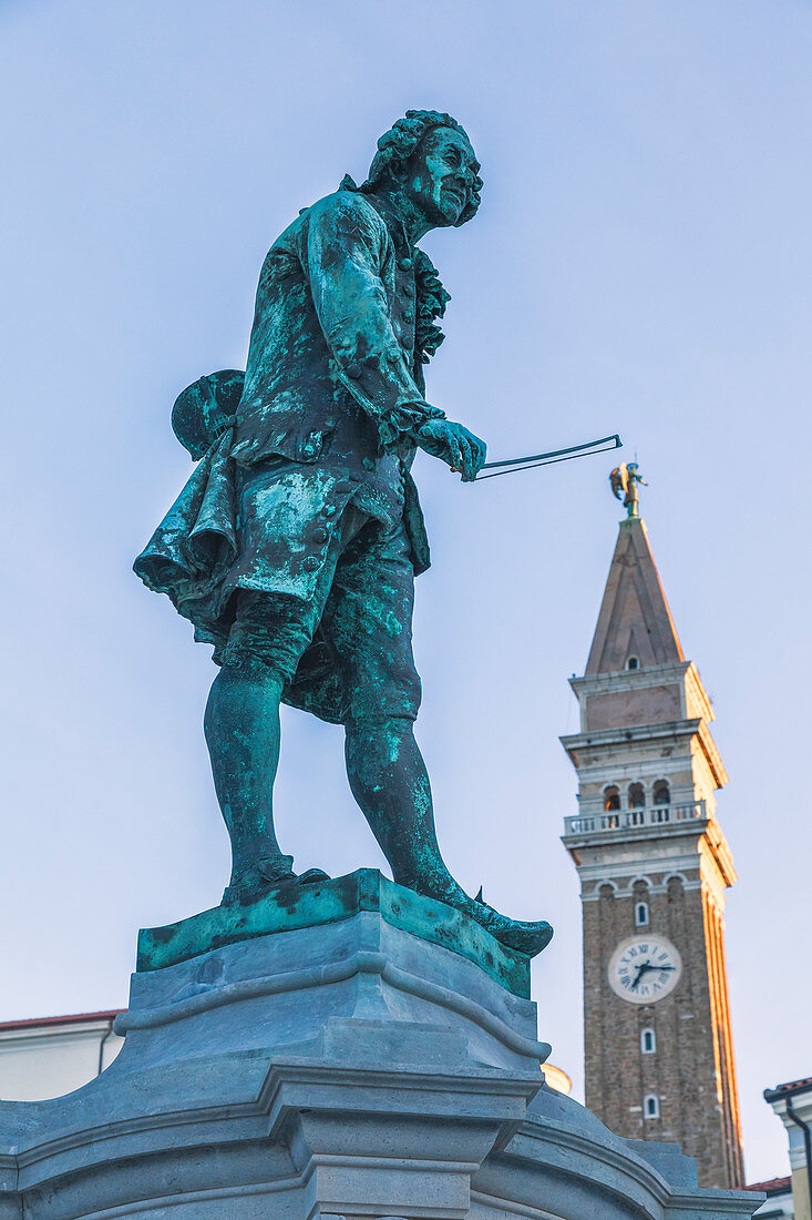 The statue of Giuseppe Tartini in the central square of Piran, Primorska, Istria, Slovenia