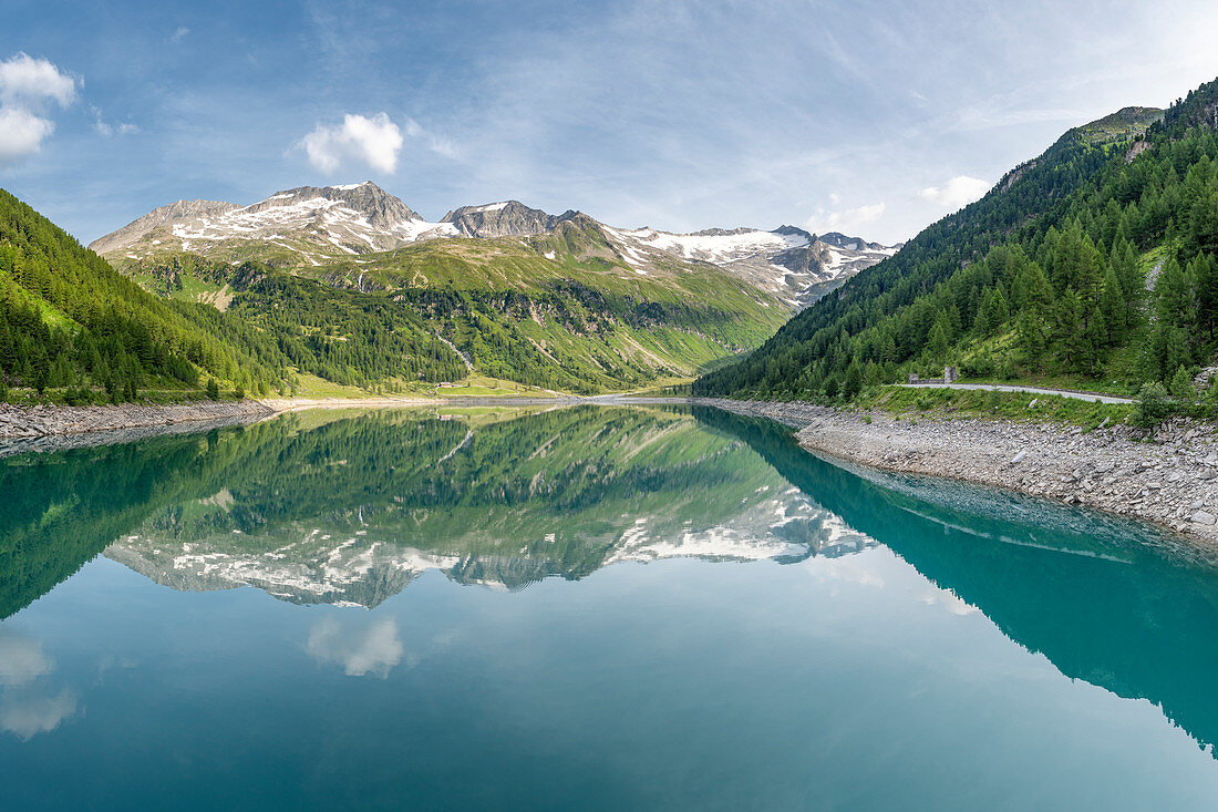 Selva dei Molini, province of Bolzano, South Tyrol, Italy, Europe. The Lake Neves with the peaks Punta Bianca, Dosso Largo and Mesule