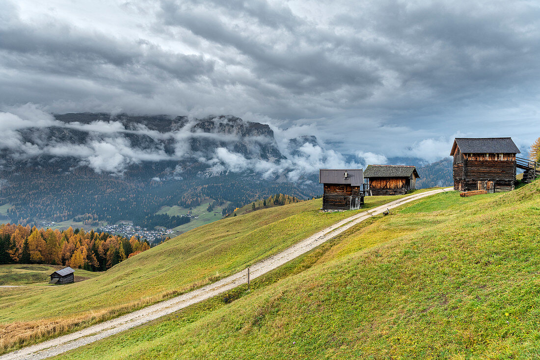 ALta Badia, Bezirk Bozen, Südtirol, Italien, Europa. Regenwetter auf der Wanderung zu den Armenatara-Wiesen